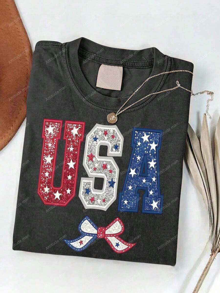 Estilo Americano Dulce y Fresco, Lazo con la Letra USA, Camiseta Batik de Alta Calidad Lavada de 230g, Corte Holgado, Regalo para el Día de la Independencia, Regalo para las Fiestas, Cuello Redondo, Manga Corta, Camiseta para Hombre, Estampada, Adecuada para Todas las Temporadas - Negro - Ver 1