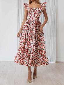 Vestido primavera casual estampado combinado con volantes elegante estilo europeo para mujer - Rojo - Ver 2