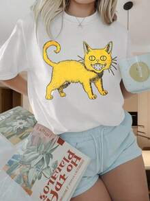Camiseta de Mujer con Estampado Gráfico, Algodón Ligero, Verano, Cuello Redondo, Manga Corta, Camiseta con Estampado de Gato Amarillo, Camiseta Casual de Manga Corta para Mujer, Camiseta Negra de Moda con Estampado de Animal Bonito, Atuendo de Verano para Niñas, Estampados Divertidos son Adecuados para Fiestas de Navidad, Actividades Deportivas, Fiestas de Vacaciones, Salidas, Deportes y Otros Regalos Festivos (220g). Oversize Camiseta Mujer Estampado 100% Algodón Puro - Blanco - Ver 5