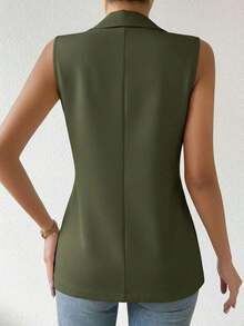 Blazer sin mangas de estilo elegante de color verde oliva para mujer, chaleco casual con solapa y botón en tela tejida lisa, corte regular - Verde Oliva - Ver 2