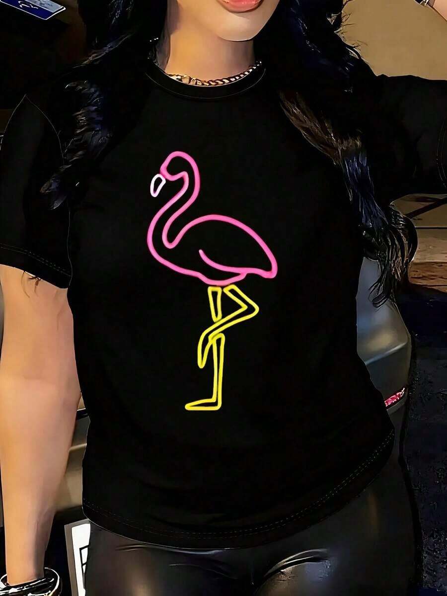 ropa de mujer Camiseta de mujer con logo de flamenco rosa y bolsillo para amantes de las aves, 1 pieza, camiseta gráfica de manga corta de gran tamaño, 100% poliéster, camiseta novedosa con cuello redondo, ropa casual, camisas de mujer - Negro - Ver 1
