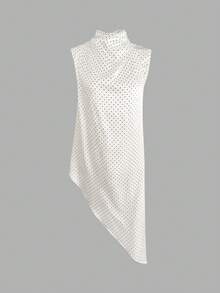 Top casual feminino elegante e chique, preto e branco com bolinhas, sem mangas, decote com folhos, fecho de botões nas costas, bainha assimétrica, para uso diário, primavera/verão - Preto e Branco - Ver 6