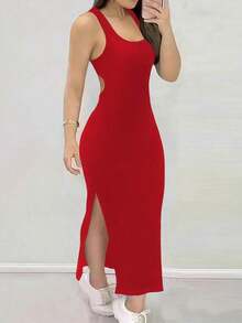 Vestido ajustado y sexy con escote pronunciado, espalda descubierta, tirantes cruzados y abertura - Rojo - Ver 3