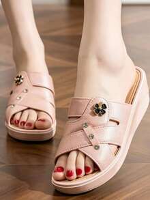 Sandalias de cuña con suela blanda antideslizante, de tacón alto y suela gruesa, de uso fashionable para exteriores, para mujer - Rosa - Ver 3