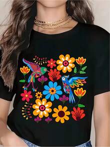Camiseta unisex de estilo bohemio con arte folclórico mexicano, con coloridos bordados de motivos florales y de aves mexicanas, camiseta negra, suave, transpirable, ligera, informal, adecuada para vacaciones y uso casual, estilo tradicional - básica y versátil. - Negro - Ver 6