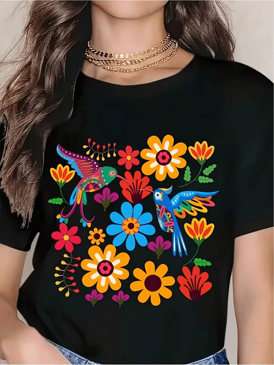 Unisex Boho Style Mexican Folk Art T-Shirt, Colorful Mexican Bird And Flower Embroidery On Black Tee, Soft, Breathable, Lightweight, Great For Festivals, Holidays, Casual Wear, T - 後退 - 查看 1