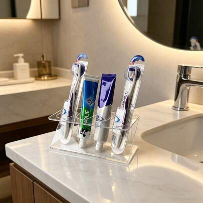 Clear Acrylic Toothbrush & Toothpaste Holder, 19.5x8.5x8cm 4-Slot Bathroom Organizer, Transparent Countertop Storage Stand For Oral Care Essentials