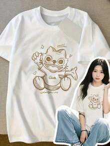 Camiseta de mujer moderna, informal, para fiestas y para estar en casa, 100% algodón, corte holgado..ItemPictureWomensY2kSummerWhiteCottonTShirtCuteCartoonCatP-2(2)-VintageStreetStyleUnisexLooseCottonShortSleeveCrewNeckT-Shirt - Blanco - Ver 1