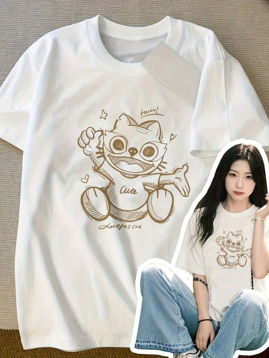 Camiseta de mujer moderna, informal, para fiestas y para estar en casa, 100% algodón, corte holgado..ItemPictureWomensY2kSummerWhiteCottonTShirtCuteCartoonCatP-2(2)-VintageStreetStyleUnisexLooseCottonShortSleeveCrewNeckT-Shirt - Blanco - Ver 1