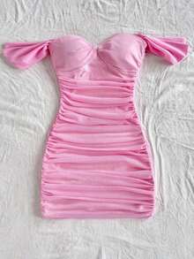 Vestido mini ajustado de punto rojo con hombros descubiertos para mujer, diseño con espalda calada, adecuado para vacaciones, citas, té de la tarde, temporada de bodas, playa, crucero, vacaciones en la ciudad, vacaciones bohemias, festivales de - Rosa - Ver 6