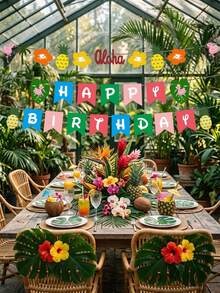 一套夏威夷主题生日快乐横幅，热带派对生日火烈鸟菠萝棕榈叶装饰横幅，适合夏季生日派对装饰、母亲节、毕业典礼、生日、家居装饰、夏威夷主题装饰、派对装饰 - A - 查看 6