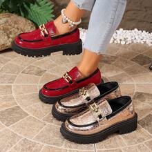 Women's Fashion Thick Sole PU Leather Loafers - Red - View 2