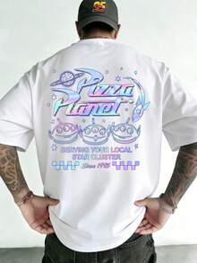 Disney Toy Story Pizza Planet Laser Gradient Pattern T-Shirt, Y2K Wind Pizza Planet Three Eyes Laser Print T-Shirt, Double-Sided Printed Design, Men's Summer Short-Sleeve Top, High-Quality 100% Cotton Short-Sleeve T-Shirt, Summer Relaxed Breathable Casual Short-Sleeve Pack, Suitable For Men And Women, Disneyland Travel Wear, Couples Wear, Casual Everyday Wear, Street Wear, Vacation Wear, Campus Wear, Toy Story Enthusiasts - trắng - Xem 3