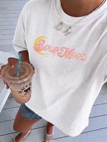 Women's Round Neck Printed Short Sleeve T-Shirt, Casual Loose Fit, Super Soft & Comfortable Fabric, Ins Street Fashion Style, Classic All-Match Graphic Tee, Breathable Lightweight Daily Basic Top, Perfect For Daily Wear, Casual Vacation, Office Commute, Outdoor Going Out, Weekend Gathering, Shopping And Leisure Activities, Ladies  Oversized Casual Pullover T-Shirt - 白色 - 查看 2