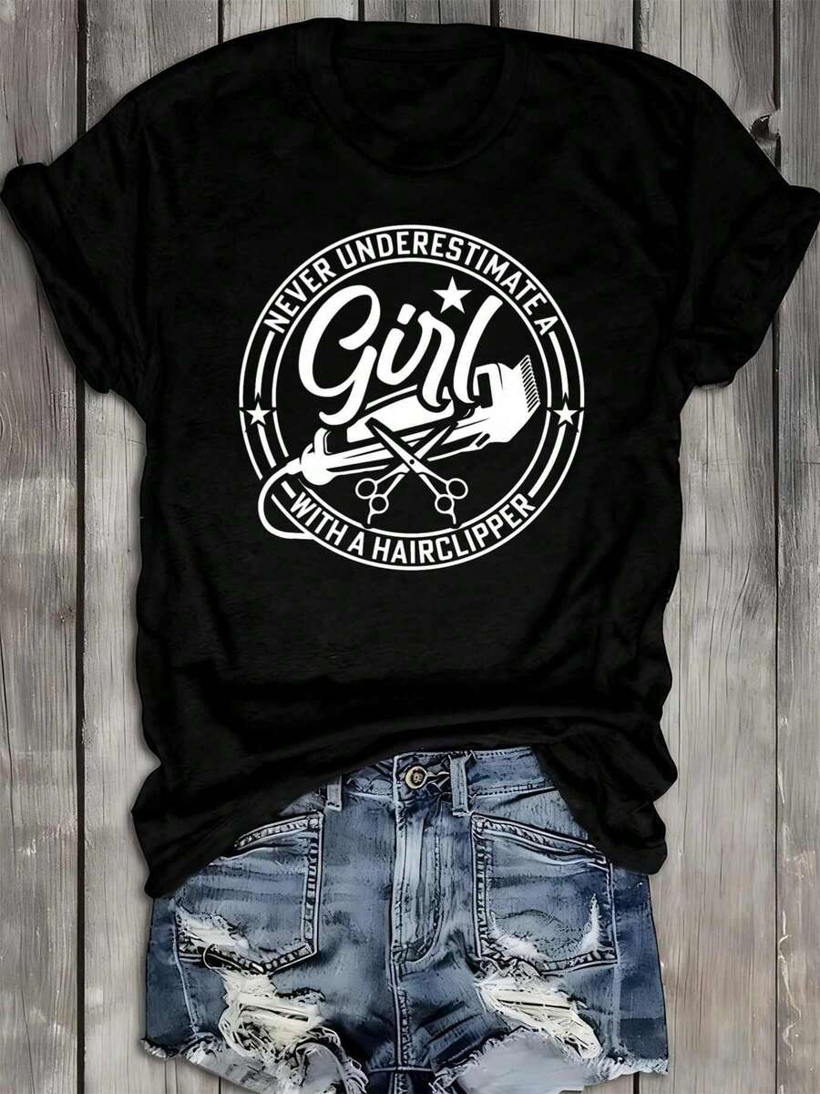 VivaGlam-Women'S Hairdressing Fun T-Shirt - "Don'T Underestimate Hairdressers, Especially Those With Scissors" Design And Hair Clipper Image, Loose Fit Casual T-Shirt, Suitable For Hairdressing Professionals And Salon Wear "Sport" "Athleisure" - 黑色 - 查看 1