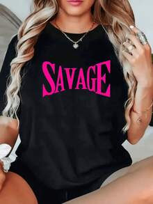 VivaGlam-[Short-Sleeve T-Shirt] Women'S Black Patterned T-Shirt- Pink Print With The Word "", Casual Fit, Stylish Design With Exquisite Golden Jewelry Accents, Perfect For Everyday Wear, Wearing Alone!"Sport""Athleisure" - 黑色 - 查看 6
