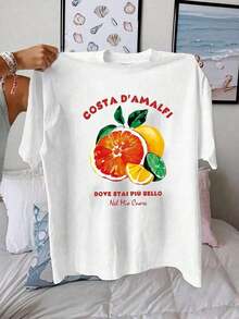 ropa de mujer Camiseta de verano con estampado de mandarina, Camiseta de regalo para amantes de la comida, Bonito regalo para ella, Blusa de frutas a la moda para mujer, Camiseta bordada con estilo veraniego para damas, camisas de mujer - Blanco - Ver 2