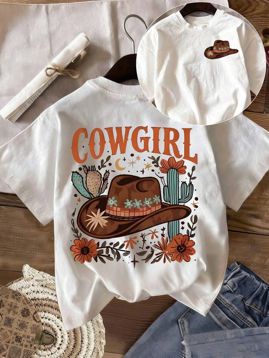Women's T-Shirt, Made Of Pure Cotton, Short-Sleeved, With A Western Cowboy Hat Print, Elegant And Beautiful, High Quality, Fashionable, Soft And Comfortable, With An American Retro Style Design, Suitable For Daily Wear, Celebrations And Parties, Or As A Holiday Gift, A Unique Loose Casual Blouse. - 白色 - 查看 1