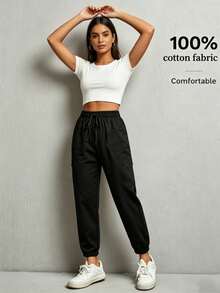 Pantalones de trabajo para mujeres en unicolor con cordón elástico en el puño, adecuados para primavera y verano - Multicolor - Ver 2