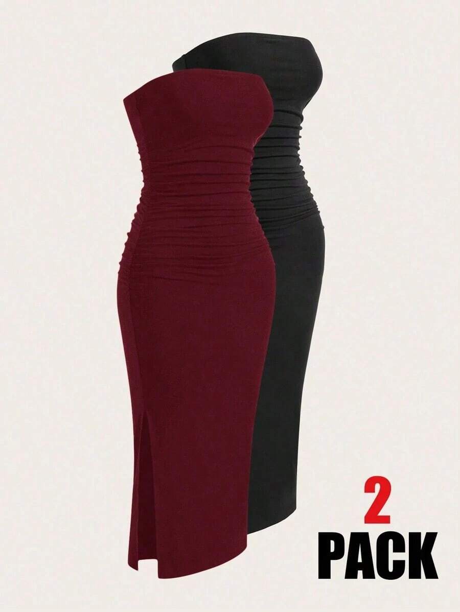 Vestido sin tirantes de mujer con tejido de punto colorido - Rosa Roja - Ver 1