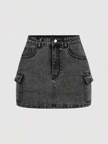 Minifalda casual cargo de mezclilla lavada para mujer - Gris - Ver 1