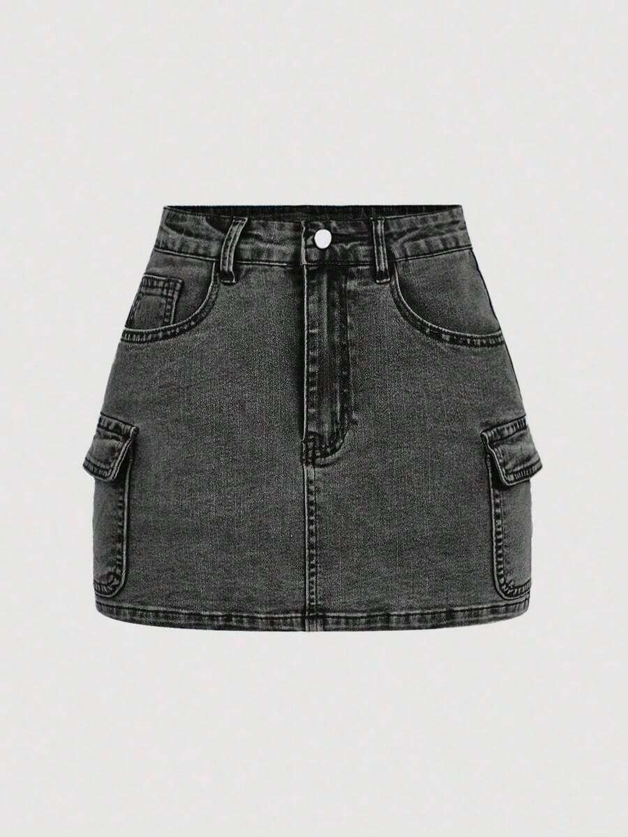Minifalda casual cargo de mezclilla lavada para mujer - Gris - Ver 1