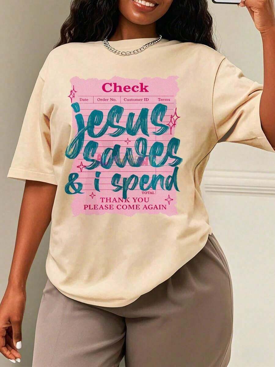 Women's Oversized Style, Jesus Paid It All, Christian T-Shirt Design, Worship T-Shirt, Direct-To-Film Print Christian T-Shirt, Guest Registration T-Shirt, Fashion Gift T-Shirt, Women's Oversized T-Shirt, Perfect For Holiday Parties Or As A Gift, Soft And Comfortable - 杏色 - 款式 1 - 查看 1