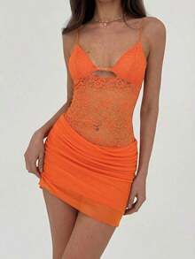 Nuevo vestido camisero romántico y sexy con cuello en pico, contraste de malla brillante y shorts, mini vestido anti-destellos - Naranja - Ver 3