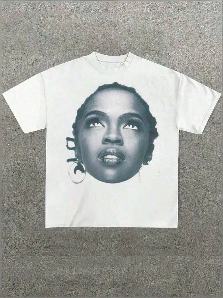Break The System Lauryn Band Hill Lauryn Band, Casual Print, Comfortable And Versatile, 220g Pure Cotton Printed T-Shirt With Letter Pattern, Round Neck, Loose Fit. Suitable As A Gift. Women's T-Shirt. Blouses > Elegant. Boho Chic. Women's T-Shirt, Soft And Breathable: Perfect For Holidays, Travel And Festive Occasions, And Suitable For Wearing In Multiple Seasons. - 白色 - 查看 1