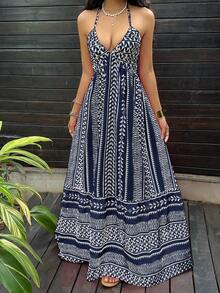 Vestido maxi con escote en V profundo, cuello halter, espalda descubierta y cintura con lazo, con lunares negros, estilo sexy y elegante europeo y americano, adecuado para primavera/verano y vacaciones en la playa - Multicolor 9 - Ver 6