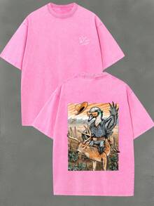 New Summer 2026 Collection Western-Style Fun Illustration Men's Washed Cotton Short-Sleeve T-Shirt Top, 100% Pure Cotton 220 Grams, Double-Sided Printed Pattern, Vintage Street Style, Summer Outfits For Women, Vacation Outfits For Women, 4th Of July Outfit For Women - 紫藍色 - 查看 9