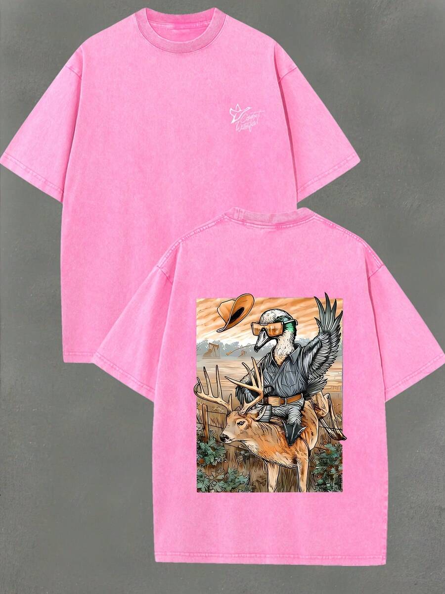 New Summer 2026 Collection Western-Style Fun Illustration Men's Washed Cotton Short-Sleeve T-Shirt Top, 100% Pure Cotton 220 Grams, Double-Sided Printed Pattern, Vintage Street Style, Summer Outfits For Women, Vacation Outfits For Women, 4th Of July Outfit For Women - 玫紅色 - 查看 1