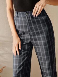 Pantalones anchos de talle alto a cuadros azul marino para mujer, pantalones elegantes de primavera/verano para uso casual y formal en la oficina - Azul marino - Ver 2