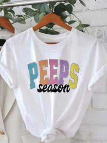 1 camiseta de moda para mujer de Pascua - Divertido estampado " Season", camiseta de poliéster casual y cómoda, perfecta para conjuntos de primavera, blanca con letras coloridas, ligera y lavable a máquina, camisetas para mujer Y2k Camiseta Camisa De - Blanco - Ver 10