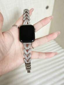 Luxury Cubic Zirconia Wheat Ear & Apple Shaped Watch Band Compatible With Apple Watch Series 6/SE/2/7/8/9/10 - Silver - View 1
