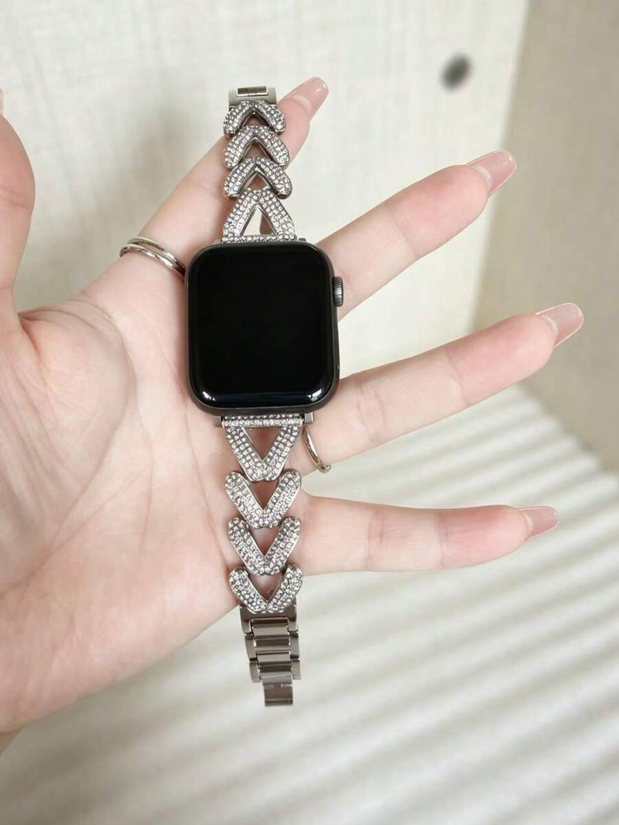 Luxury Cubic Zirconia Wheat Ear & Apple Shaped Watch Band Compatible With Apple Watch Series 6/SE/2/7/8/9/10 - Silver - View 1