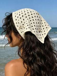 1pc Fashionable Sweet Cute Bandana Beige Hollow Knit Cherry Print Triangular Scarf Summer Hair Accessories Beach Hair Band Vacation Headband - Multicolor - View 6