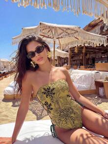 Traje de baño de una pieza con estampado de leopardo y cordones en el cuello para mujer, casual para playa y fiestas de primavera/verano, marrón/rojo - Verde Oliva - Ver 3
