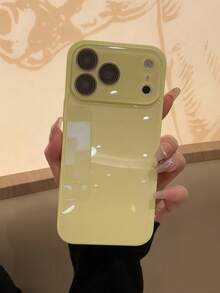 Casing Ponsel Summer Solid Color Macaron Glass Naked Machine Texture Straight Edge With Lens Film 16 ProMax, Pelindung Ponsel Minimalis Tahan Sidik Jari 13/14 Pro/15 Pro Max/11/12 - Kuning - View 3