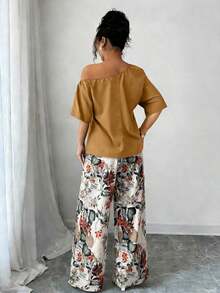 2 piezas Conjunto de top asimétrico de cuello sólido y pantalones con estampado tropical, estilo casual de vacaciones - Marrón - Ver 2