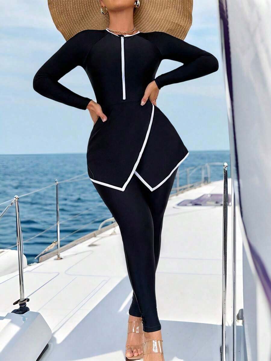 Swim Shayni 2 piezas Conjunto burkini elegante y casual para primavera/verano, vacaciones y fiestas en la playa, falda acampanada con corte en V en negro con ribete blanco y pantalones con cremallera delantera - Blanco y Negro - Ver 1