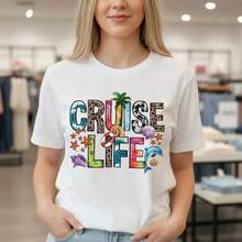 Camiseta de algodón de manga corta para mujer con estampado gráfico CRUISE LIFE, cuello redondo, estilo casual, tallas S-5XL, para vacaciones de verano en la playa. - Blanco - Ver 8