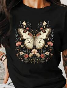 1 Piece Y2K Gothic Graphic T-Shirt With Butterfly Sword, Floral Print Witch T-Shirt, Dark Boho Grunge Fairy Style Top, Emo Alternative Clothing, Gothic Gift For Her, 180g 100% Cotton - 黑色 4 - 查看 12