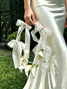 新娘婚禮配件 白色滿天星與馬蹄蘭新娘花束 珍珠蝴蝶結婚禮花束 人造婚禮手持花 伴娘花卉裝飾 - 彩色 - 查看 4