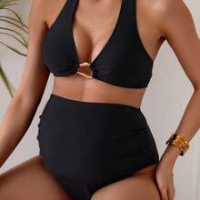 Swim Vcay Conjunto de bikini de unicolor con cuello halter para mujeres embarazadas - Morado - Ver 2