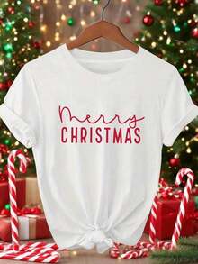 Women's Christmas Graphic T-Shirt - Casual Crew Neck, Short Sleeve, White With Festive Red And Green Design, Perfect For Spring/Summer Celebrations, Christmas T-Shirts - 白色 - 查看 6