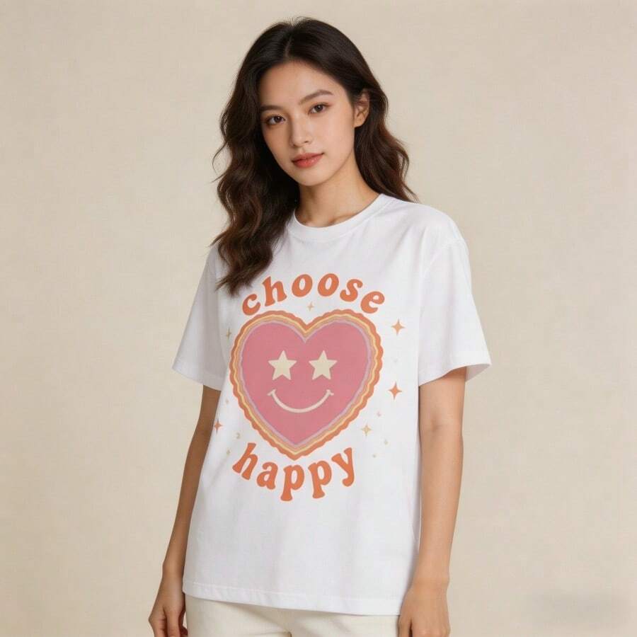 Camiseta Casual de Mujer con Estampado Corazón "Choose Happy", Cuello Redondo y Manga Corta, Estilo Aesthetic y Vintage, Top Suave y Transpirable para Uso Diario, Primavera/Verano 2026 - Blanco - Ver 1