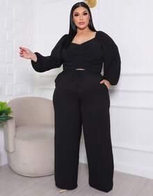 Plus Size Set: Off-The-Shoulder Cropped Top And Elegant High-Waisted Lined Palazzo Pants - 黑色 - 查看 2