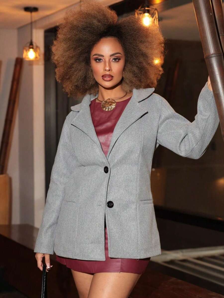 Women's Medium Overcoat With Pockets And Buttons, 100% Polyester Wool, Elegant Winter New Arrival - Light Grey - View 1