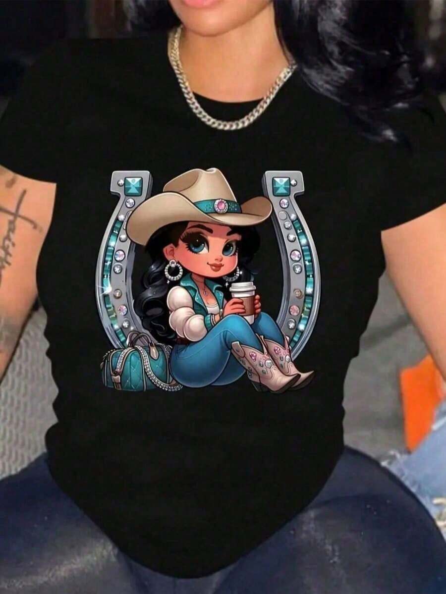 Vintage Camiseta mujer estilo occidental estampado caricatura de vaquera diseño creativo tela suave holgada cuello redondo manga corta primavera verano uso diarioFashion 100% Cotton - Negro - Ver 1